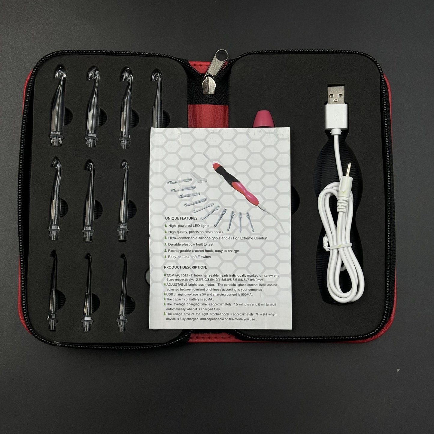 Göz Yormayan Işıklı Profesyonel Tığ Seti - 2.5mm-8.0mm (11 Başlıklı & Şarjlı Tam Set)