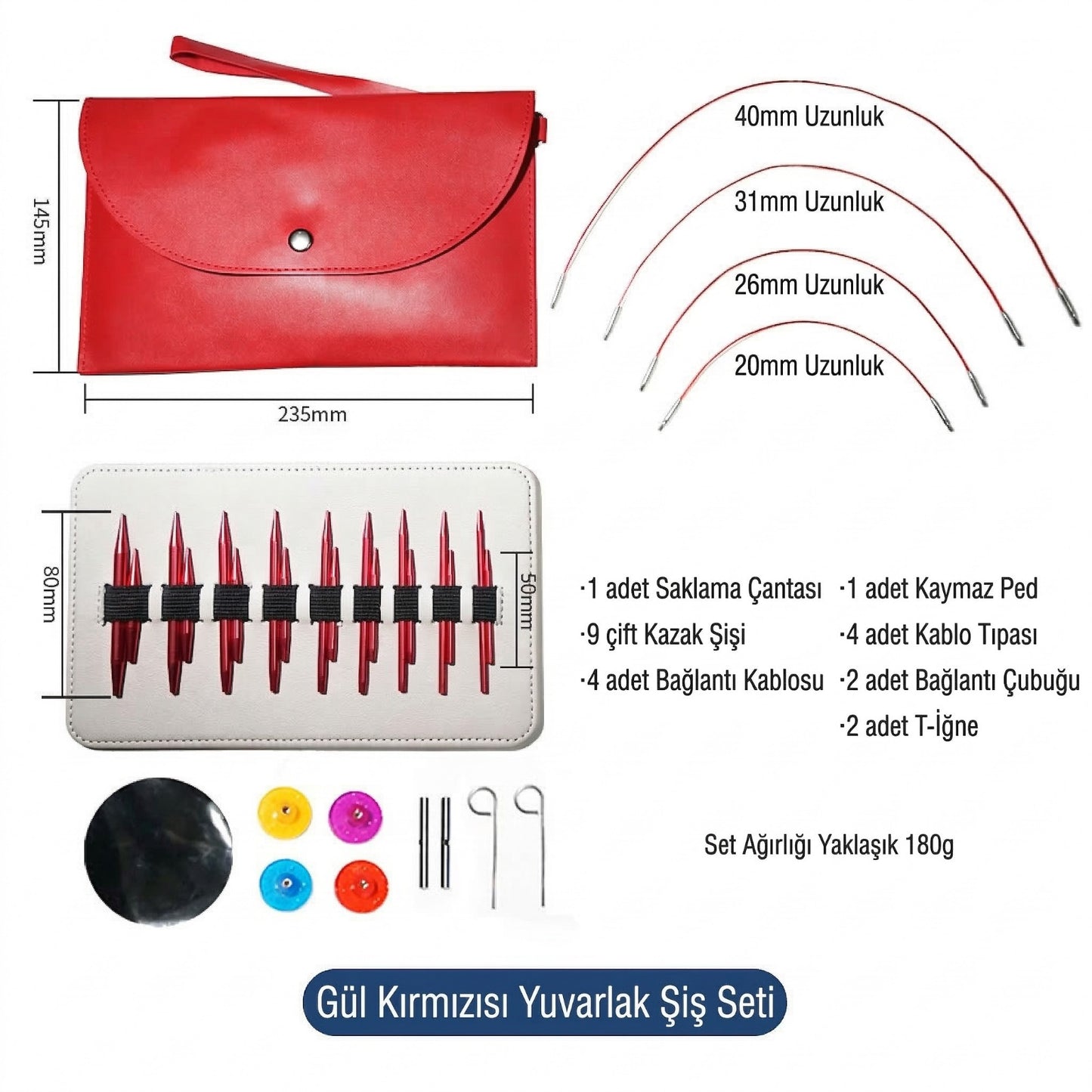 Gül Kırmızı Yuvarlak Örgü Şiş Seti 9 Çift – Çantalı Değiştirilebilir Misinalı Şiş Seti