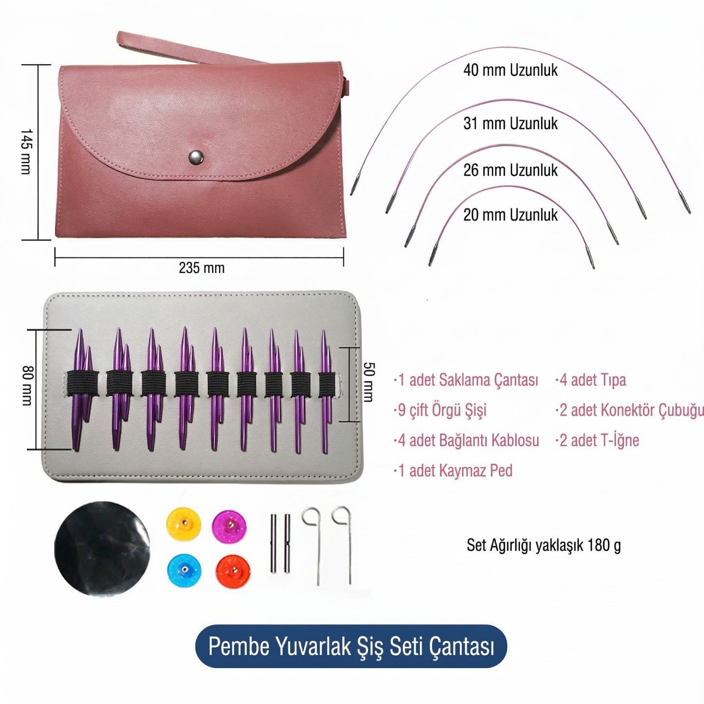 Pembe Yuvarlak Örgü Şiş Seti 9 Çift – Çantalı Değiştirilebilir Misinalı Şiş Seti