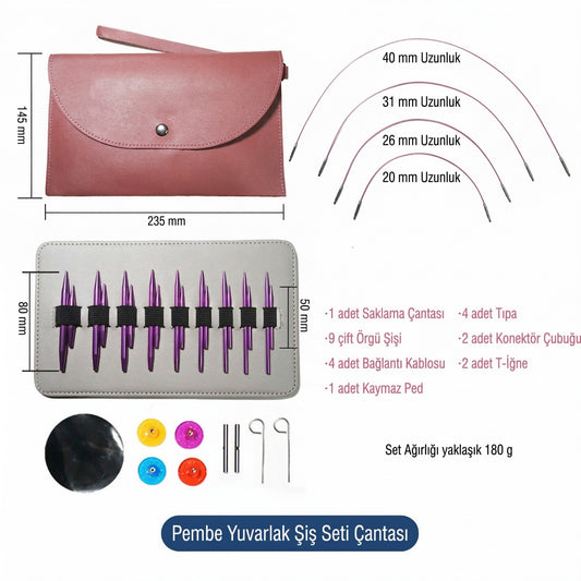 Pembe Yuvarlak Örgü Şiş Seti 9 Çift – Çantalı Değiştirilebilir Misinalı Şiş Seti